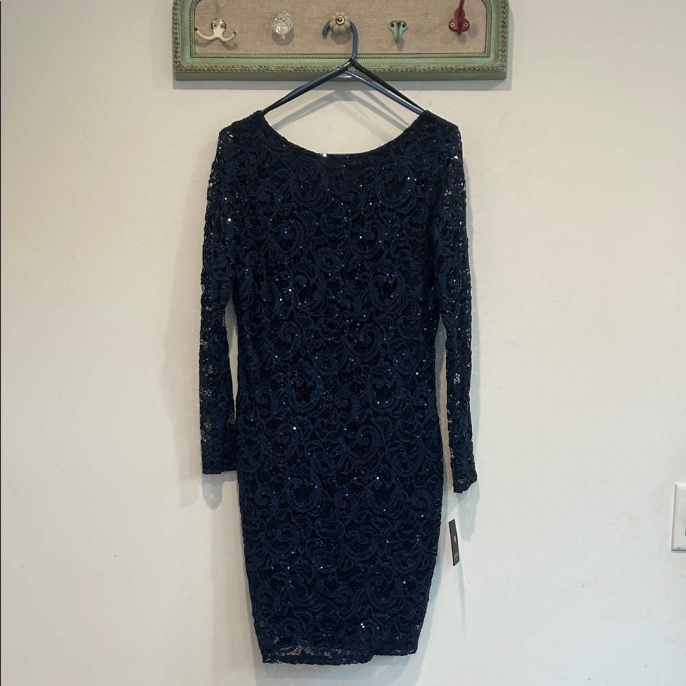 MARINA Navy Sequin Lace Long-Sleeve Sheath Dress
